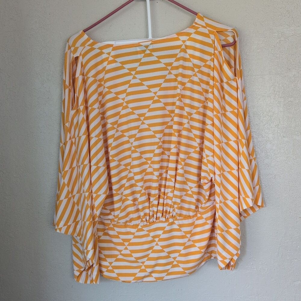 Marc Bouwer Women's Med Retro Disco Boho Yellow Flowy Cold Shoulder Top Stretch - Picture 6 of 8